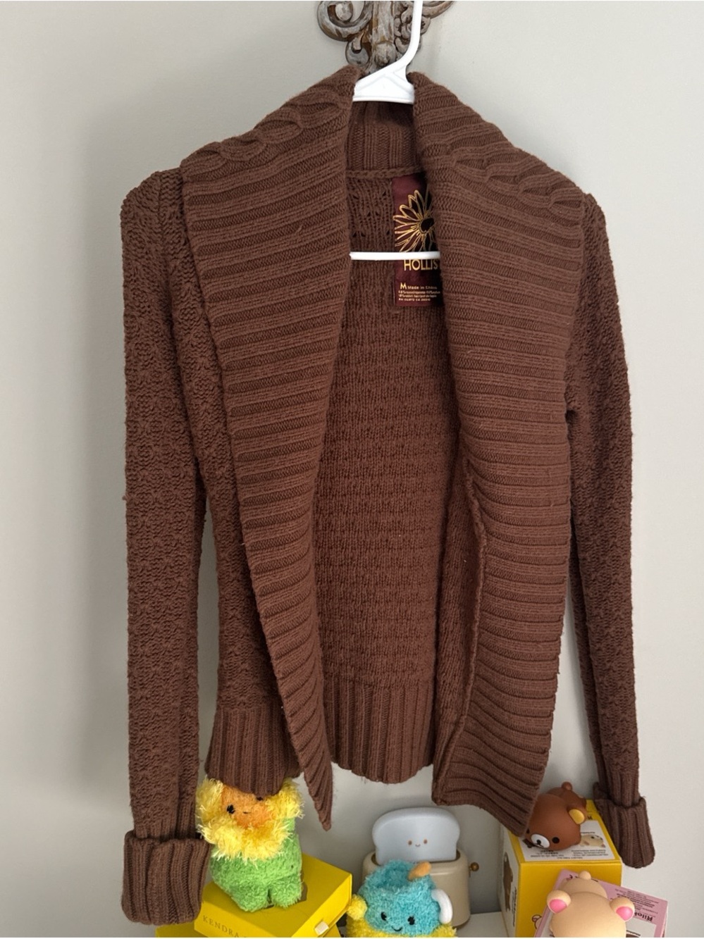 Hollister Women's Chocolate Brown Open-Front Ribbed Shawl Cardigan
